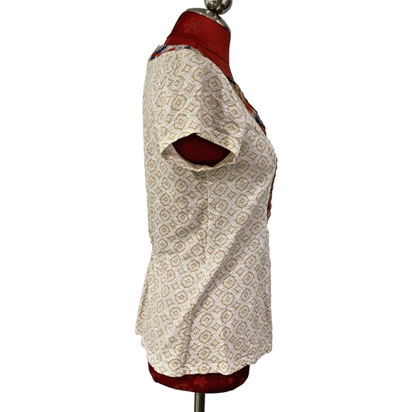 Anthropologie Akemi + Kin Top M Short Sleeve Beige Orange Embroidered Boho Chic - Picture 7 of 11